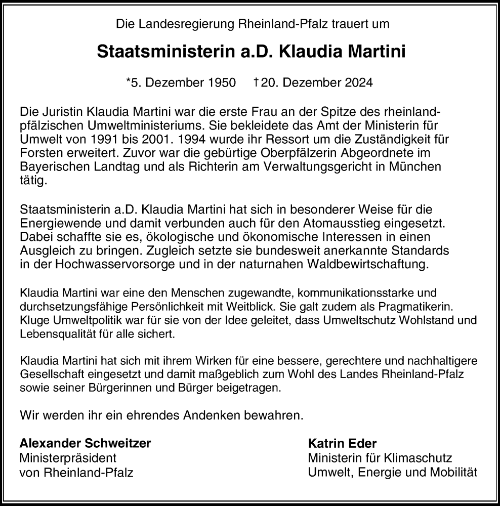  Traueranzeige für Klaudia Martini vom 31.12.2024 aus Allgemeine Zeitung Mainz