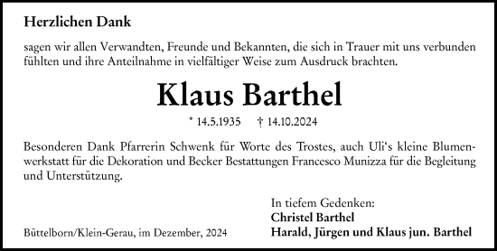 Traueranzeige von Klaus Barthel von Groß-Gerauer Echo