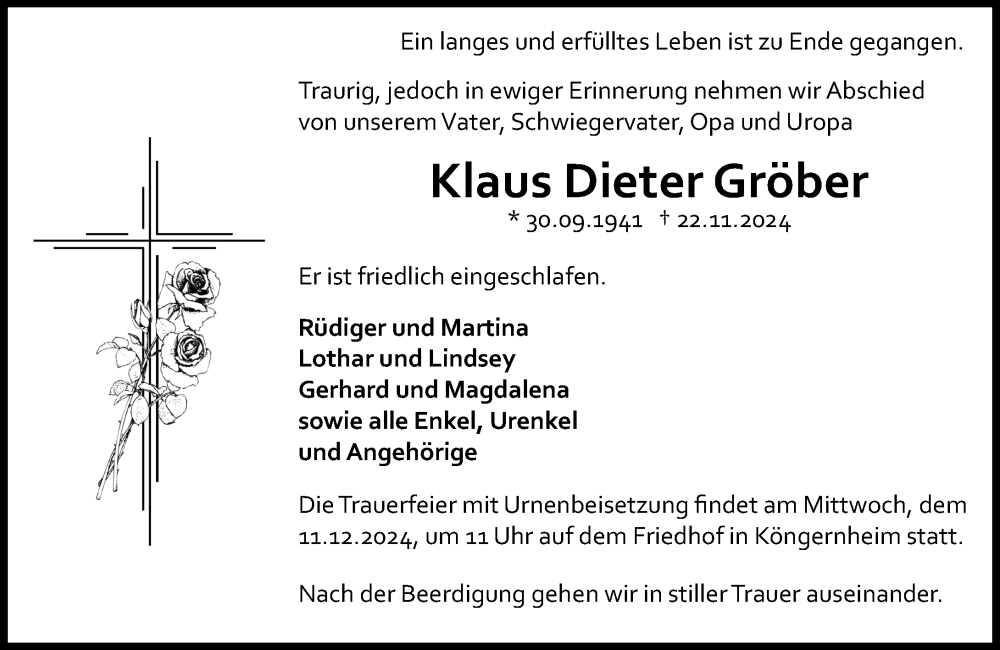  Traueranzeige für Klaus  Gröber vom 07.12.2024 aus Allgemeine Zeitung Mainz
