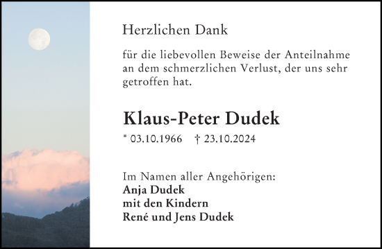 Traueranzeige von Klaus-Peter Dudek von Allgemeine Zeitung Alzey