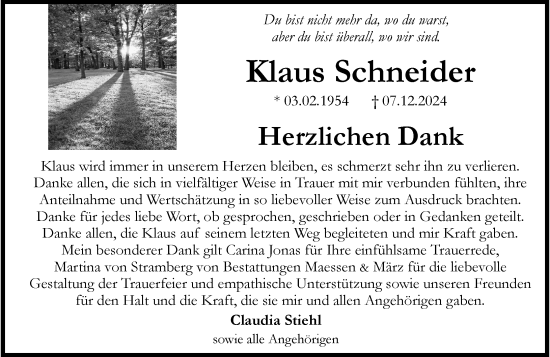 Traueranzeige von Klaus Schneider von Allgemeine Zeitung Rheinhessen-Nahe