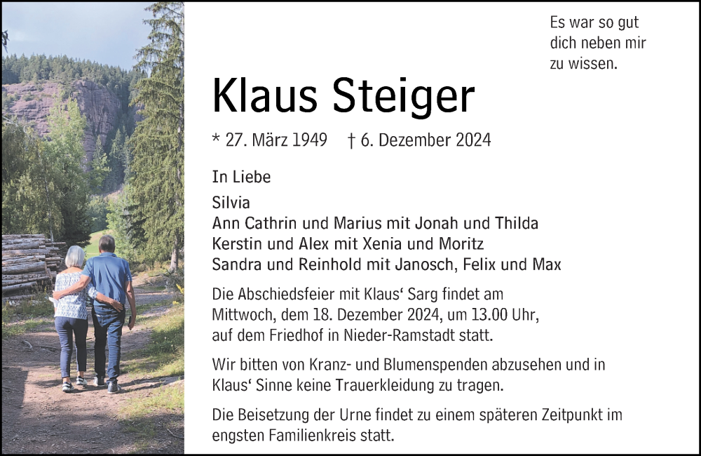  Traueranzeige für Klaus Steiger vom 14.12.2024 aus Darmstädter Echo