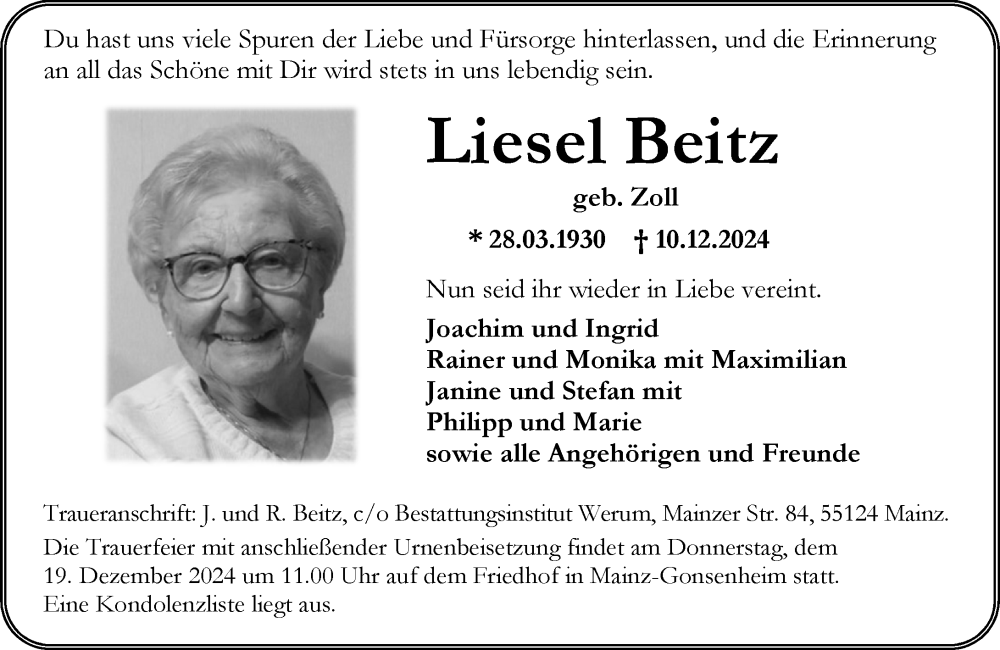  Traueranzeige für Liesel Beitz vom 14.12.2024 aus Allgemeine Zeitung Mainz