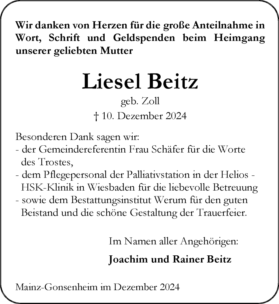  Traueranzeige für Liesel Beitz vom 28.12.2024 aus Allgemeine Zeitung Mainz