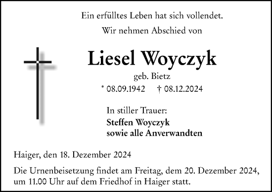 Traueranzeige von Liesel Woyczyk von Dill Block