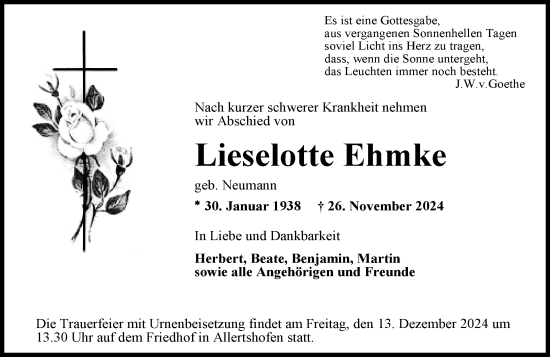 Traueranzeige von Lieselotte Ehmke von Darmstädter Echo