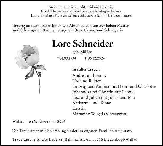 Traueranzeige von Lore Schneider von Hinterländer Anzeiger
