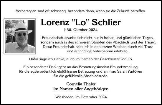 Traueranzeige von Lorenz Schlier von Wiesbadener Kurier
