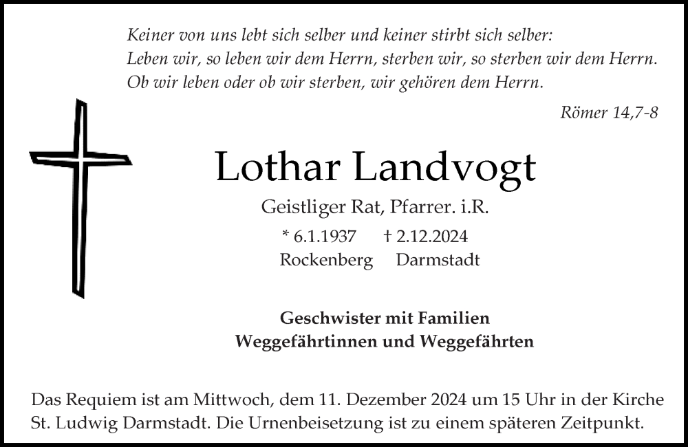  Traueranzeige für Lothar Landvogt vom 07.12.2024 aus Darmstädter Echo