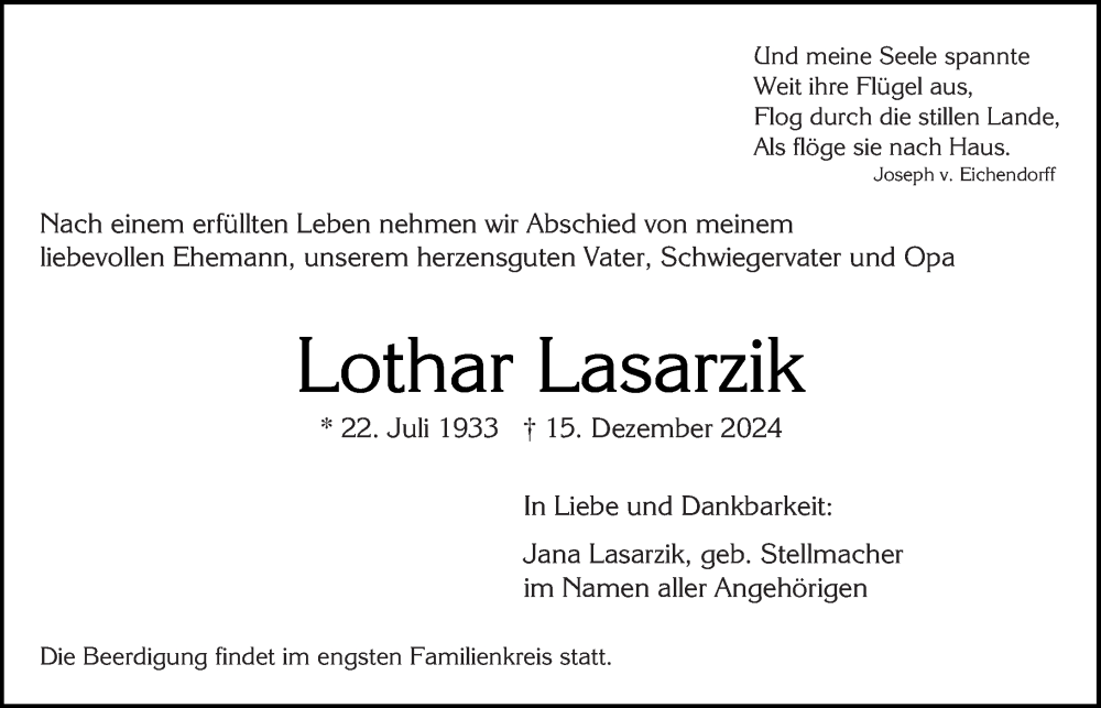  Traueranzeige für Lothar Lasarzik vom 21.12.2024 aus Wiesbadener Kurier