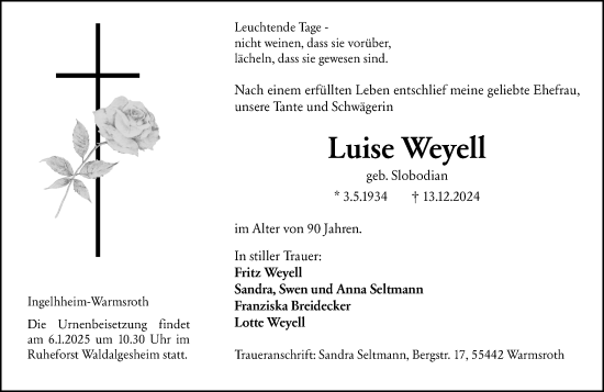 Traueranzeige von Luise Weyell von Allgemeine Zeitung Rheinhessen-Nahe