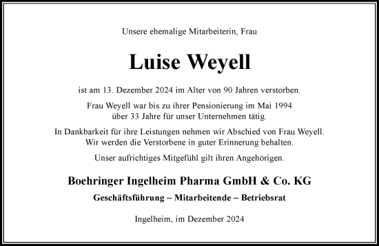Traueranzeige von Luise Weyell von Allgemeine Zeitung Rheinhessen-Nahe