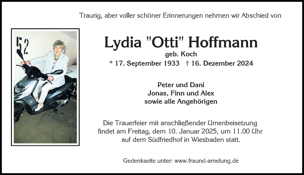  Traueranzeige für Lydia Hoffmann vom 21.12.2024 aus Wiesbadener Kurier