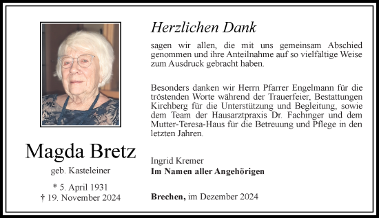Traueranzeige von Magda Bretz von Camberger Anzeiger