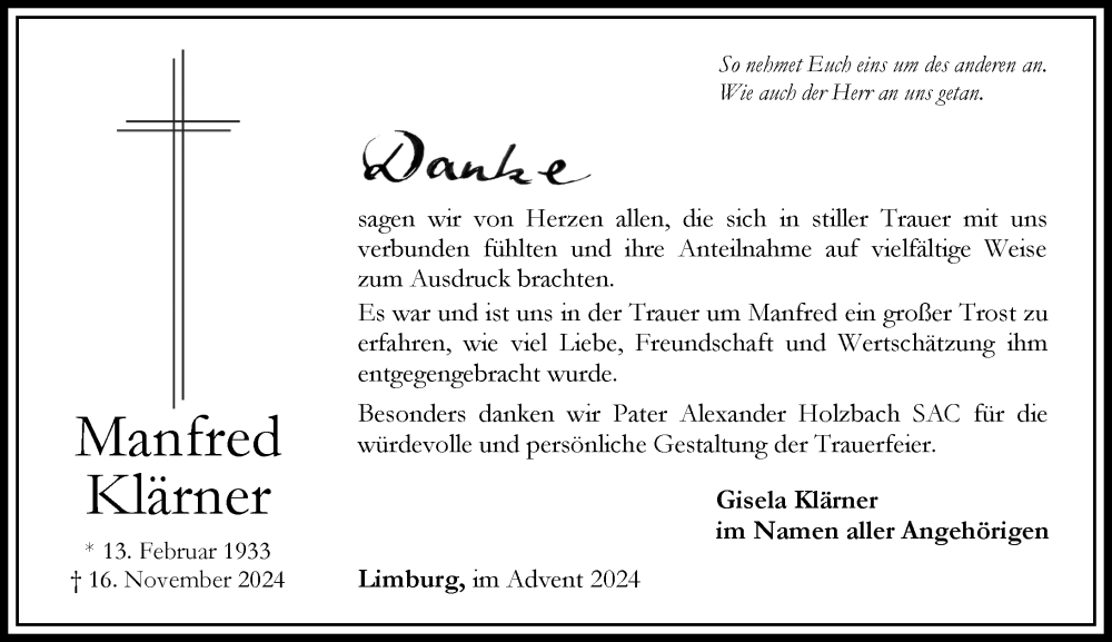  Traueranzeige für Manfred Klärner vom 21.12.2024 aus Nassauische Neue Presse