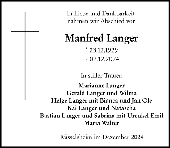 Traueranzeige von Manfred Langer von Rüsselsheimer Echo