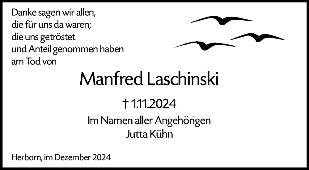  Traueranzeige für Manfred Laschinski vom 07.12.2024 aus Dill Block
