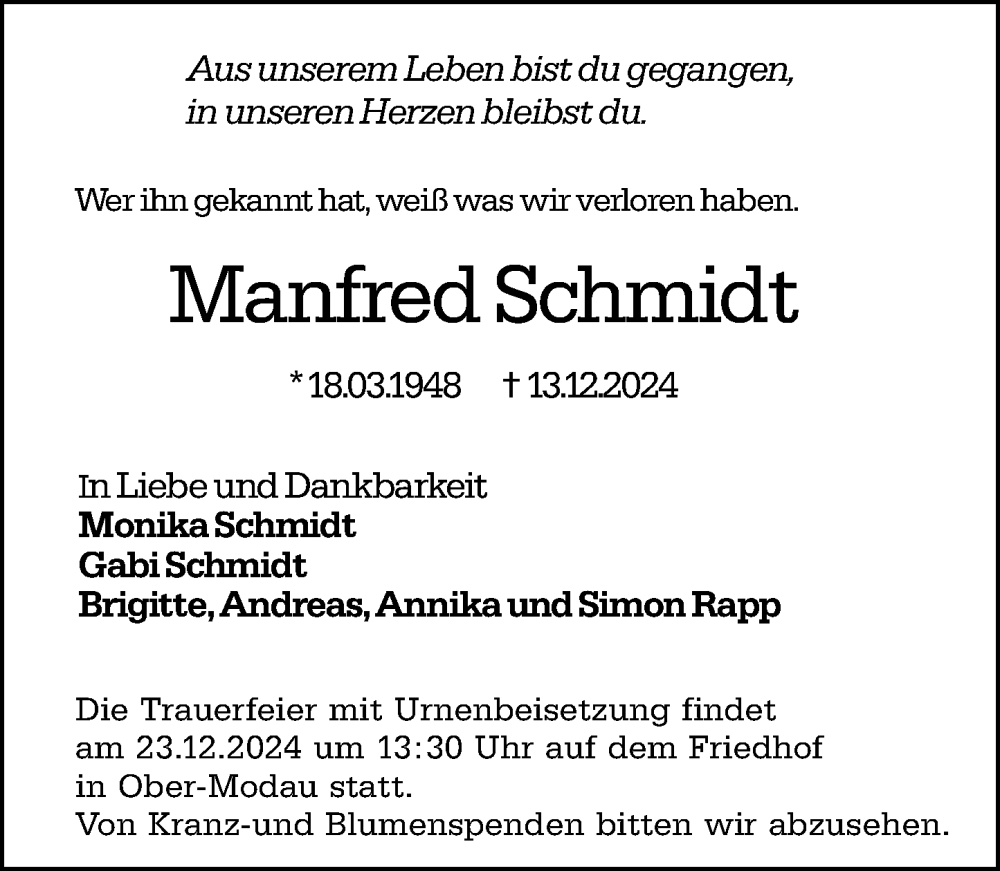  Traueranzeige für Manfred Schmidt vom 21.12.2024 aus Darmstädter Echo