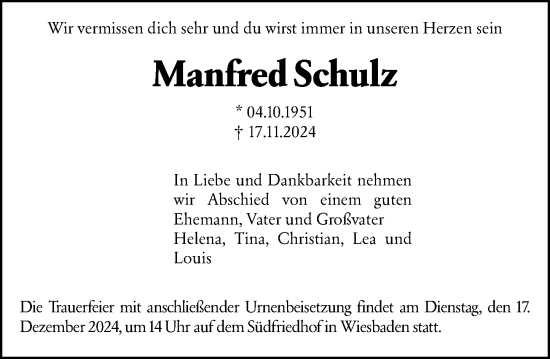 Traueranzeige von Manfred Schulz von Wiesbadener Kurier