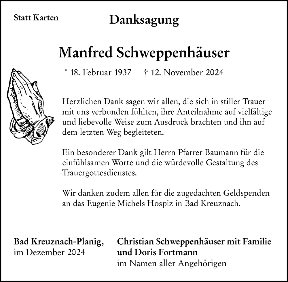  Traueranzeige für Manfred Schweppenhäuser vom 21.12.2024 aus Allgemeine Zeitung Rheinhessen-Nahe