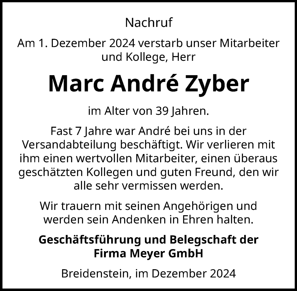  Traueranzeige für Marc Andre Zyber vom 06.12.2024 aus Hinterländer Anzeiger