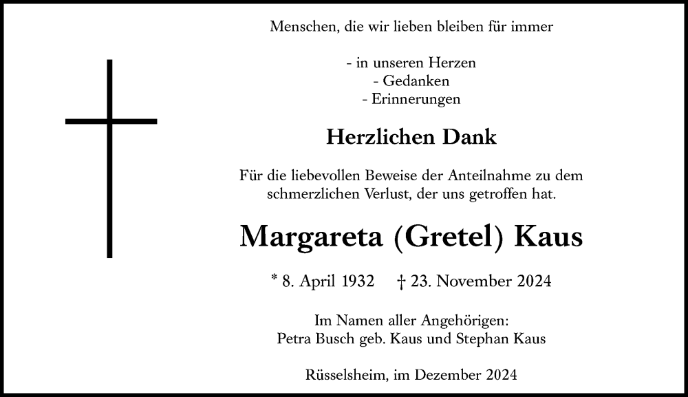  Traueranzeige für Margareta Kaus vom 21.12.2024 aus Rüsselsheimer Echo