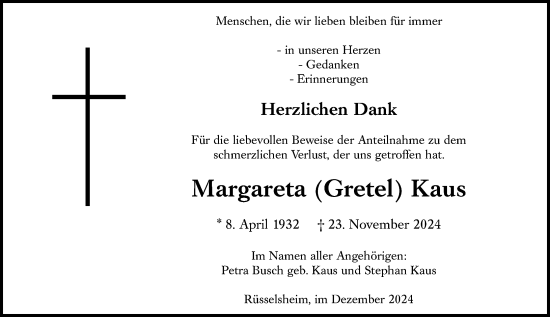 Traueranzeige von Margareta Kaus von Rüsselsheimer Echo