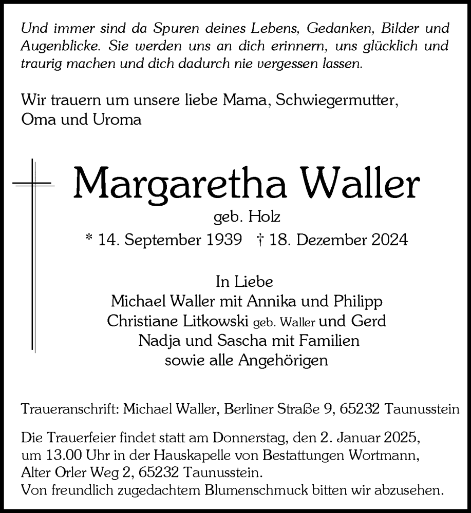  Traueranzeige für Margaretha Waller vom 28.12.2024 aus Wiesbadener Kurier