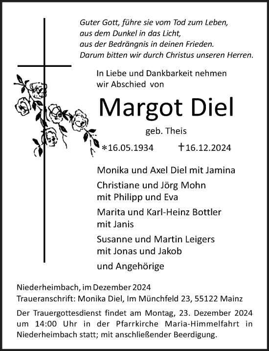 Traueranzeige von Margot Diel von Allgemeine Zeitung Rheinhessen-Nahe