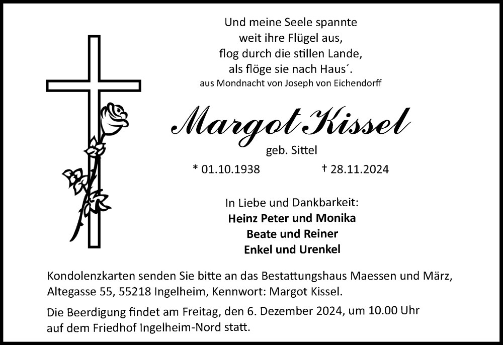  Traueranzeige für Margot Kissel vom 03.12.2024 aus Allgemeine Zeitung Rheinhessen-Nahe