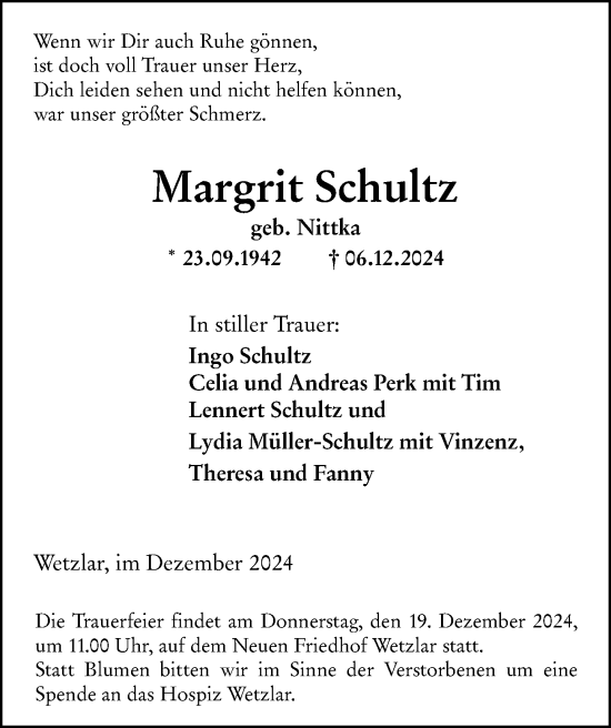 Traueranzeige von Margrit Schultz von Wetzlarer Neue Zeitung