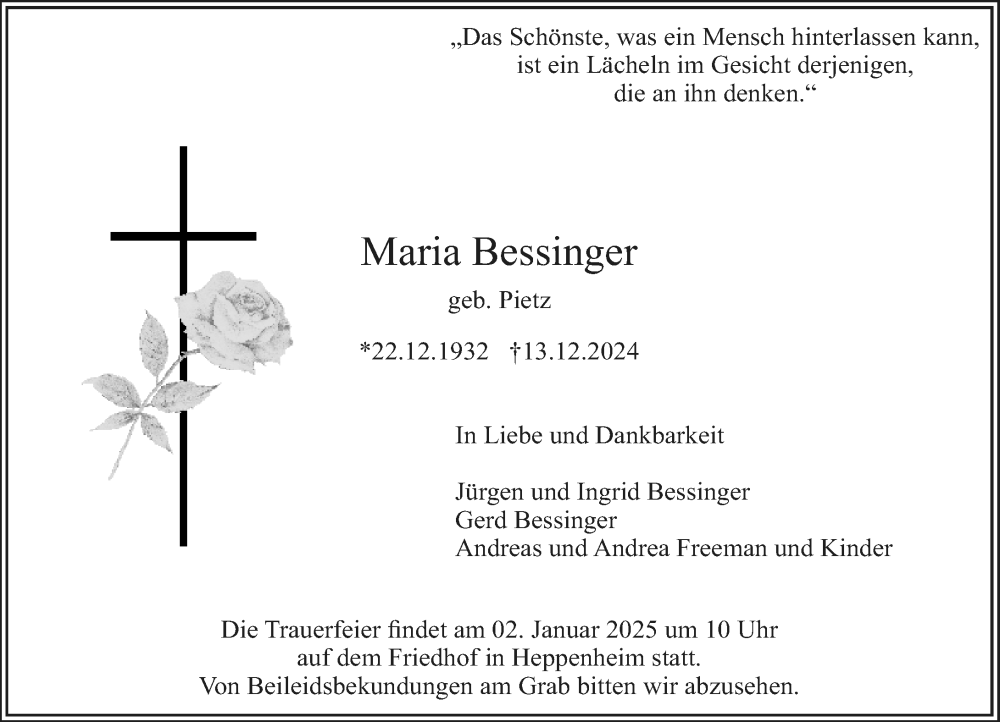  Traueranzeige für Maria Bessinger vom 21.12.2024 aus Starkenburger Echo