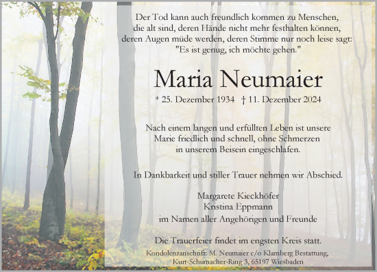 Traueranzeige von Maria Neumaier von Wiesbadener Kurier