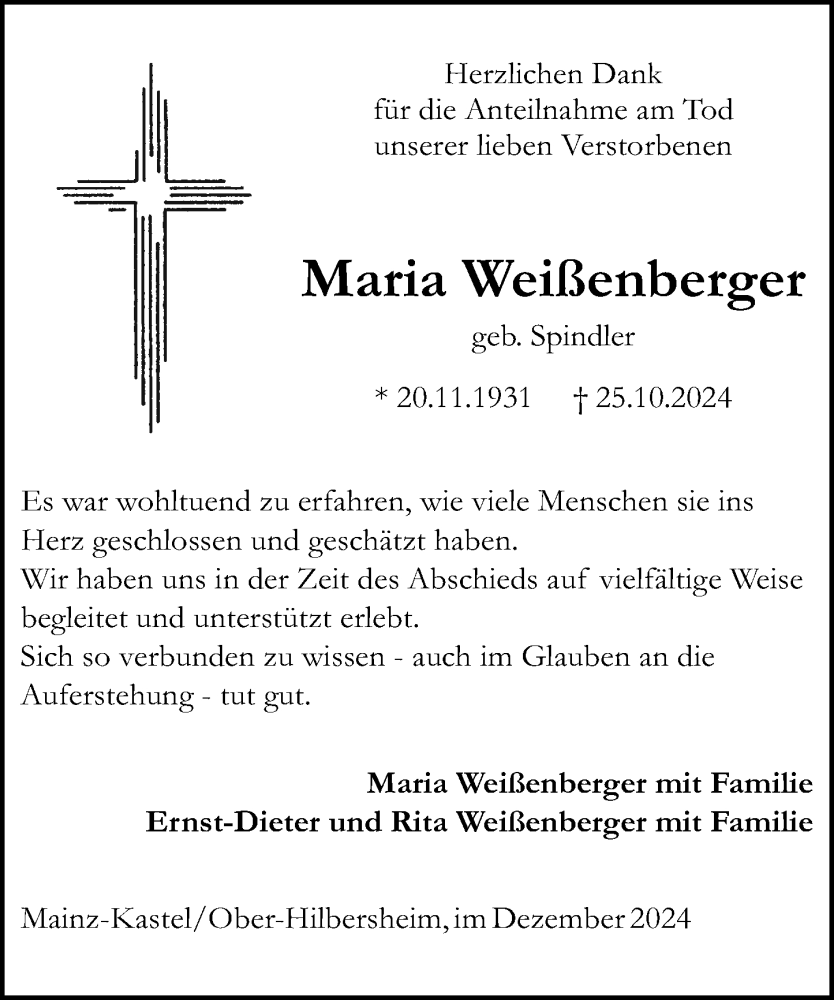  Traueranzeige für Maria Weißenberger vom 14.12.2024 aus Allgemeine Zeitung Mainz
