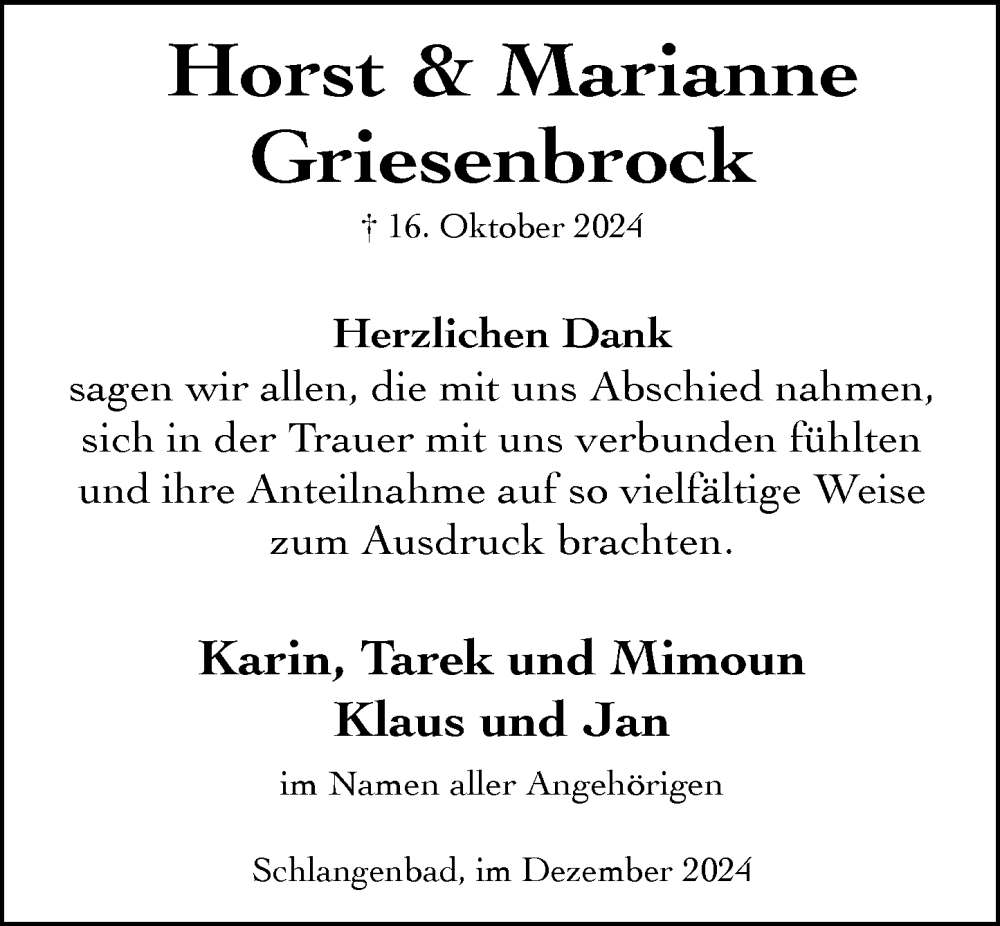  Traueranzeige für Marianne Griesenbrock vom 07.12.2024 aus Rheingau Kurier