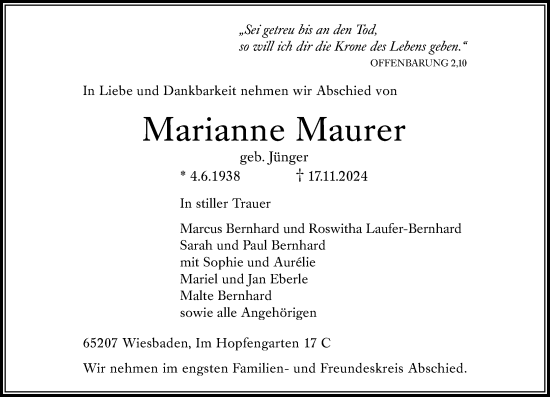 Traueranzeige von Marianne Maurer von Wiesbadener Kurier