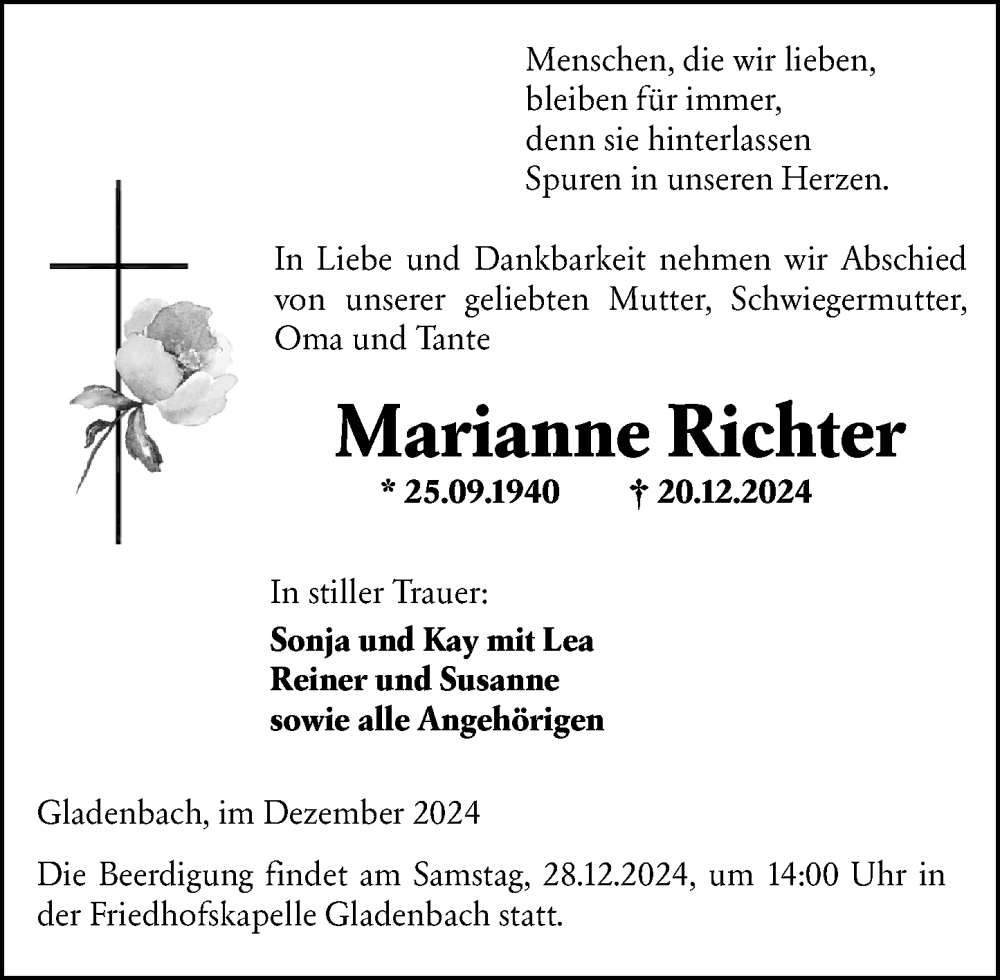  Traueranzeige für Marianne Richter vom 27.12.2024 aus Hinterländer Anzeiger