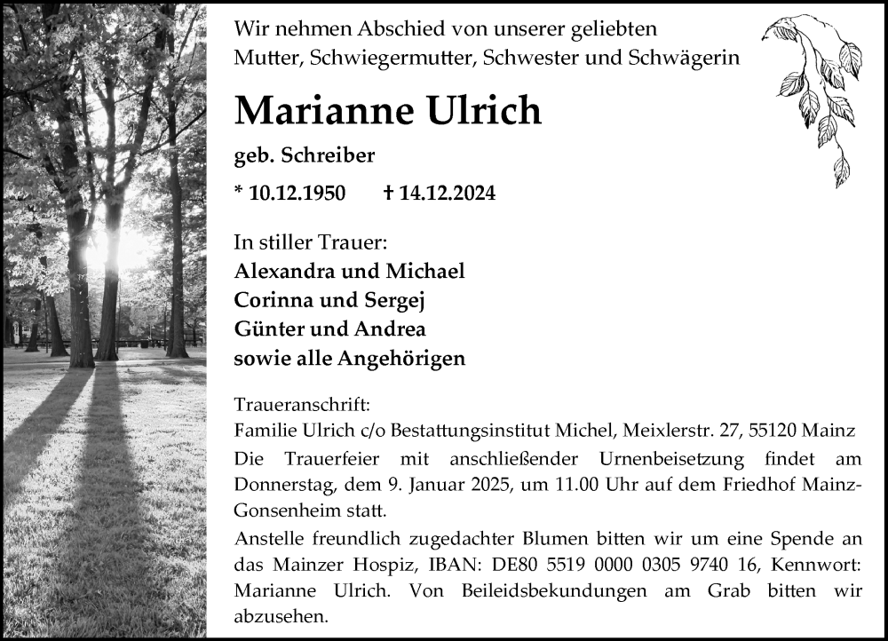 Traueranzeige für Marianne Ulrich vom 21.12.2024 aus Allgemeine Zeitung Mainz