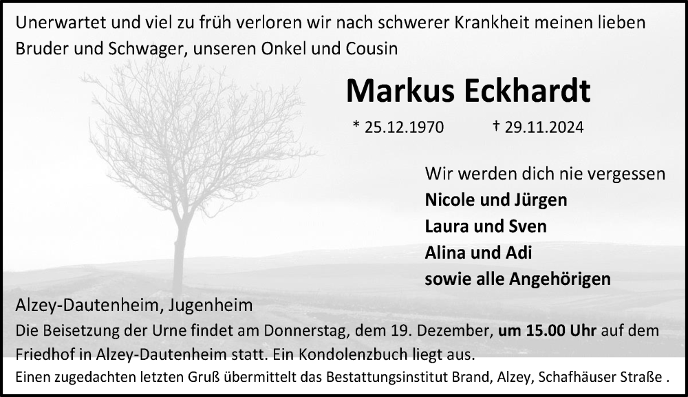  Traueranzeige für Markus Eckhardt vom 07.12.2024 aus Allgemeine Zeitung Alzey