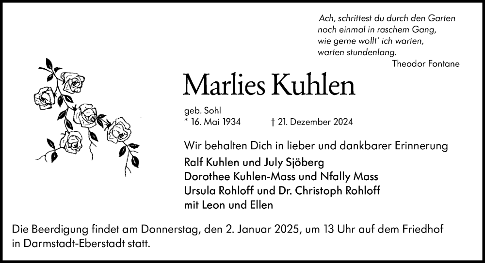  Traueranzeige für Marlies Kuhlen vom 28.12.2024 aus Darmstädter Echo