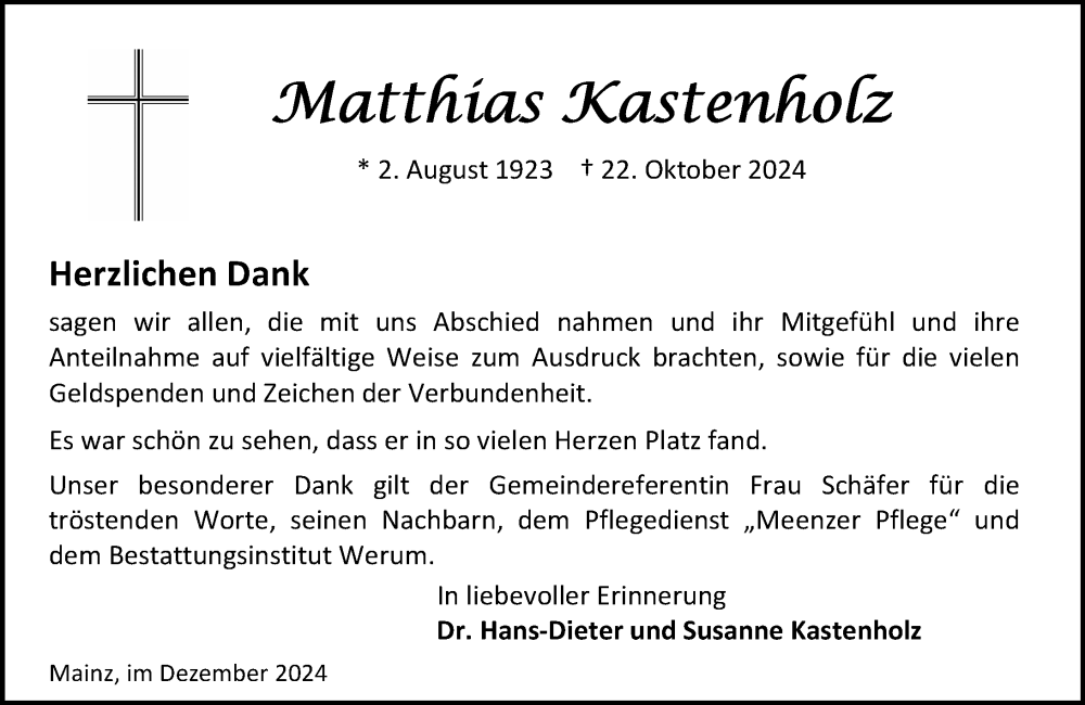  Traueranzeige für Matthias Kastenholz vom 07.12.2024 aus Allgemeine Zeitung Mainz