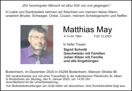 Traueranzeige von Matthias May von Allgemeine Zeitung Mainz