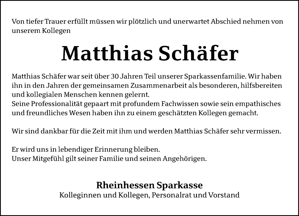 Traueranzeige für Matthias Schäfer vom 21.12.2024 aus Allgemeine Zeitung Alzey