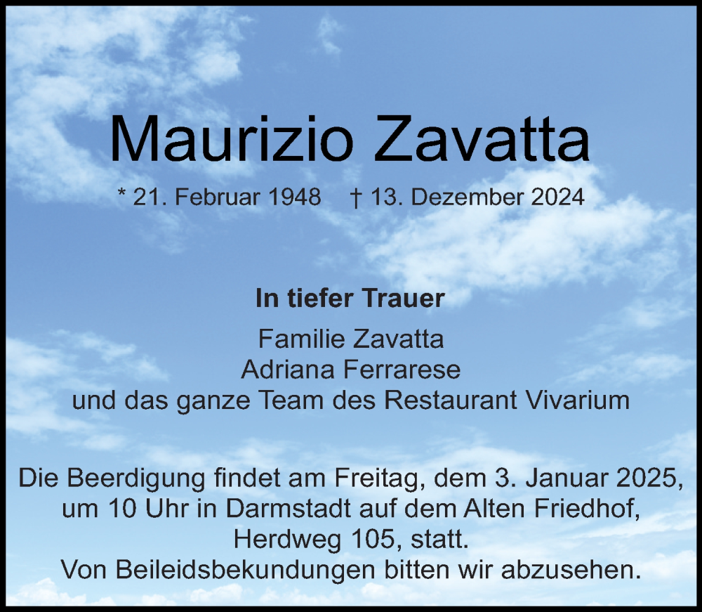  Traueranzeige für Maurizio Zavatta vom 28.12.2024 aus Darmstädter Echo