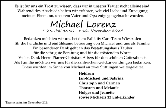 Traueranzeige von Michael Lorenz von Wiesbadener Kurier