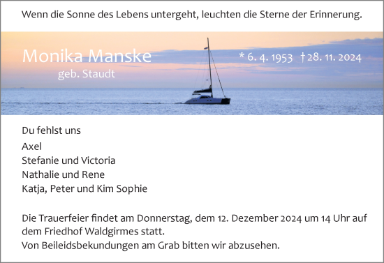 Traueranzeige von Monika Manske von Wetzlarer Neue Zeitung
