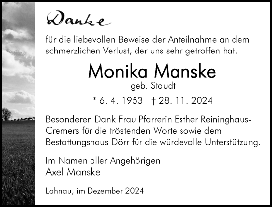 Traueranzeige von Monika Manske von Wetzlarer Neue Zeitung