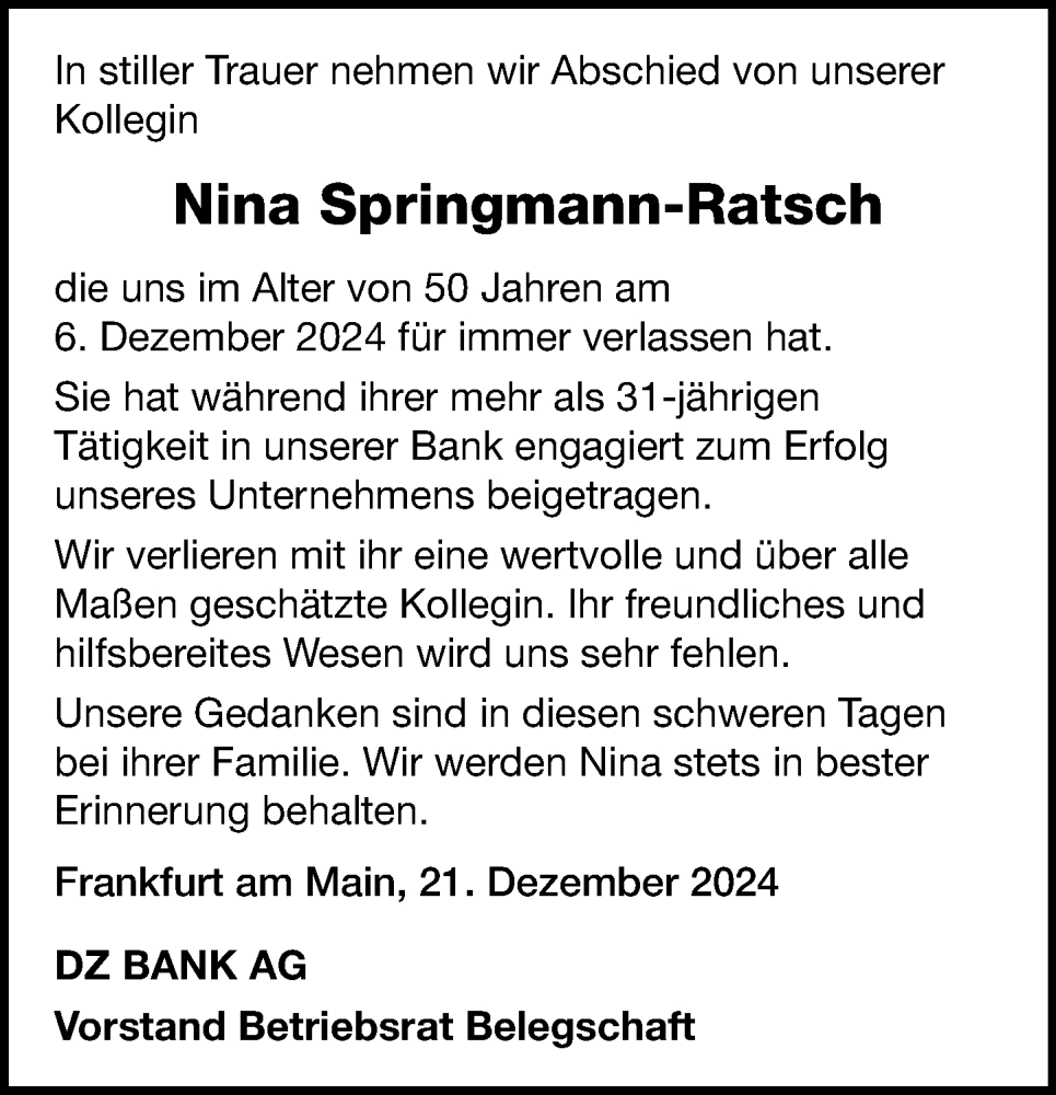  Traueranzeige für Nina Springmann-Ratsch vom 21.12.2024 aus Darmstädter Echo