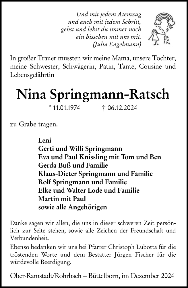  Traueranzeige für Nina Springmann-Ratsch vom 21.12.2024 aus Darmstädter Echo