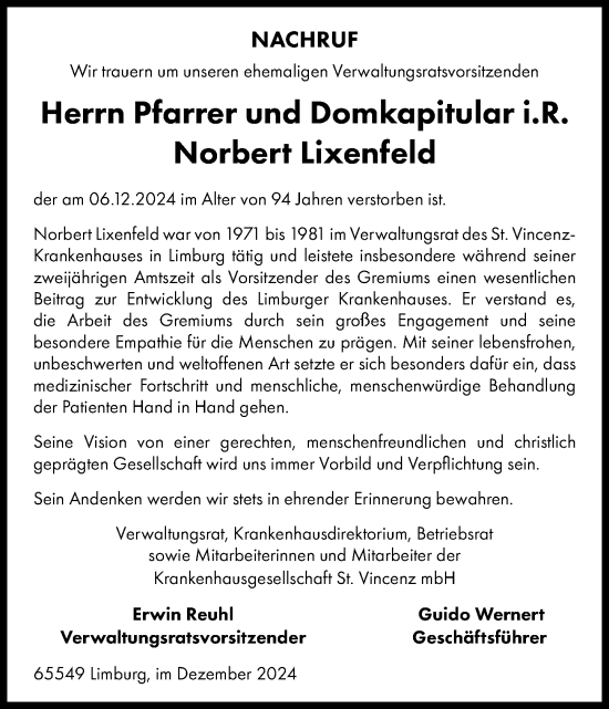 Traueranzeige von Norbert Lixenfeld von Nassauische Neue Presse